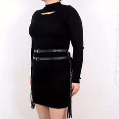  Double Layer Harness Belt PU Leather Fringe Gothic Waistband