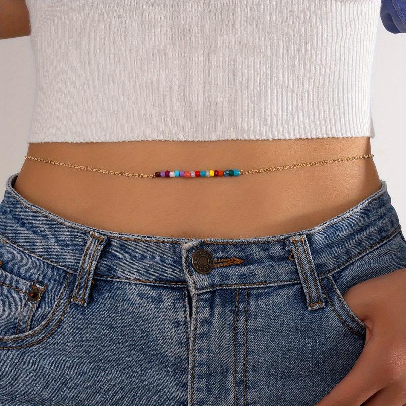 Colorful Beaded Golden Metal Belly Chain Waistband for Women