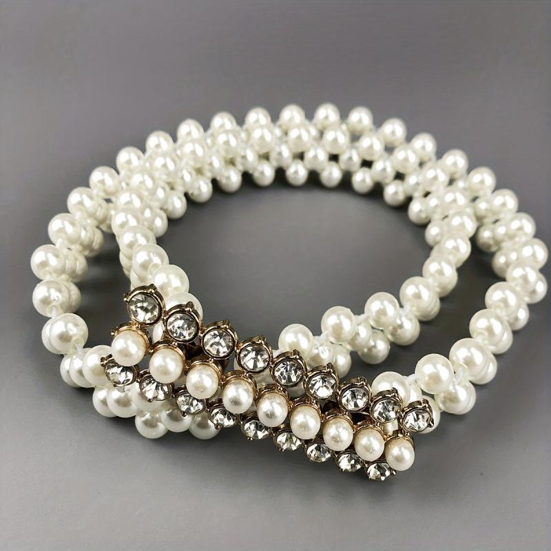 Rhinestone Faux Pearl Belt Elastic Waistband Women Casual Dress Girdle