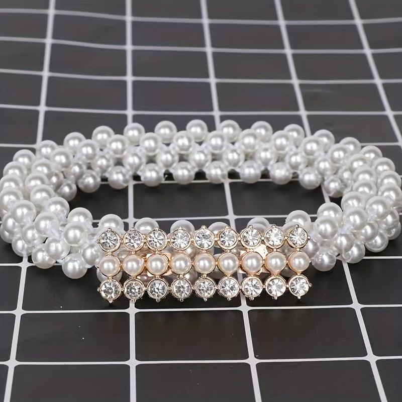 Rhinestone Faux Pearl Belt Elastic Waistband Women Casual Dress Girdle