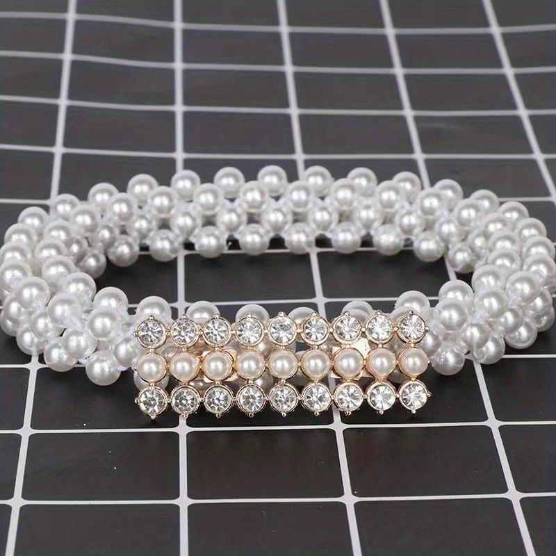 Rhinestone Faux Pearl Belt Elastic Waistband Women Casual Dress Girdle