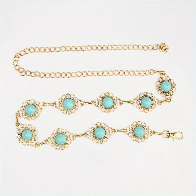 Boho Turquoise Inlay Waist Chain Golden Metal Openwork Belly Chain
