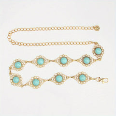 Boho Turquoise Inlay Waist Chain Golden Metal Openwork Belly Chain