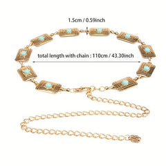 Boho Turquoise Inlay Waist Chain Golden Metal Openwork Belly Chain