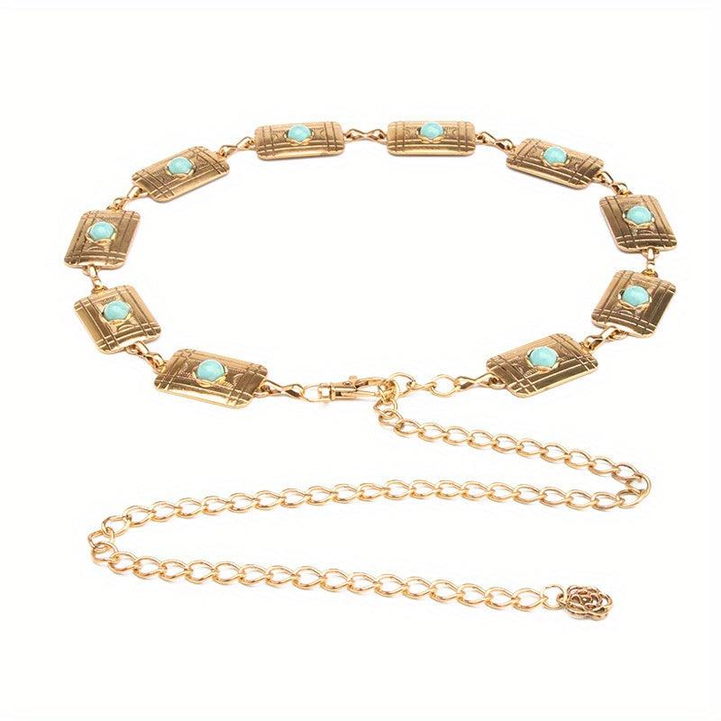 Boho Turquoise Inlay Waist Chain Golden Metal Openwork Belly Chain