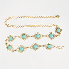 Boho Turquoise Inlay Waist Chain Golden Metal Openwork Belly Chain