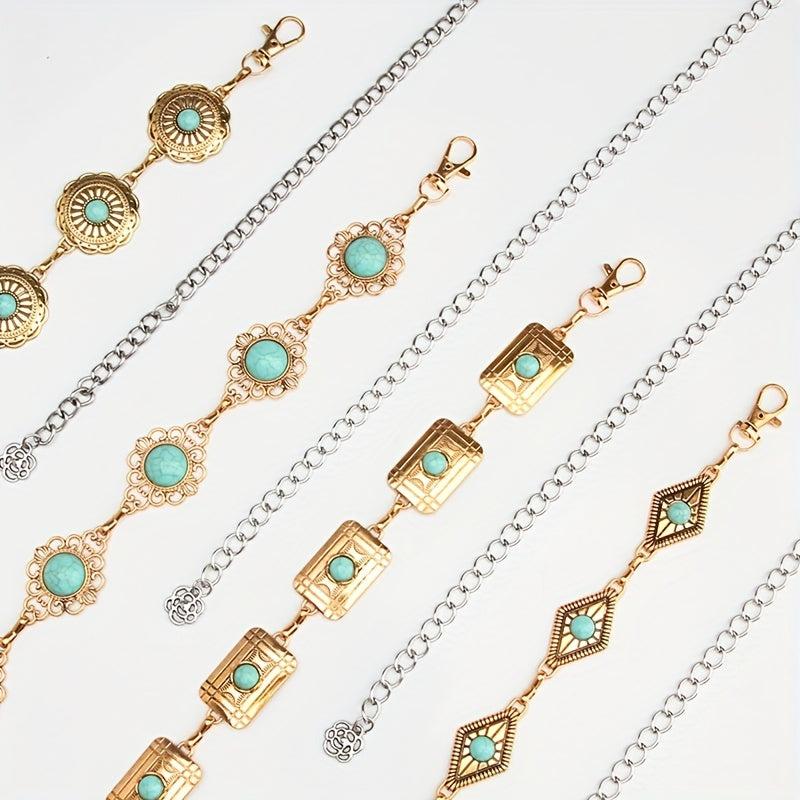 Boho Turquoise Inlay Waist Chain Golden Metal Openwork Belly Chain