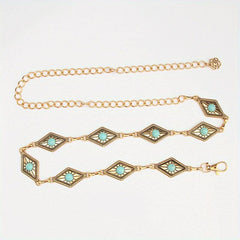 Boho Turquoise Inlay Waist Chain Golden Metal Openwork Belly Chain