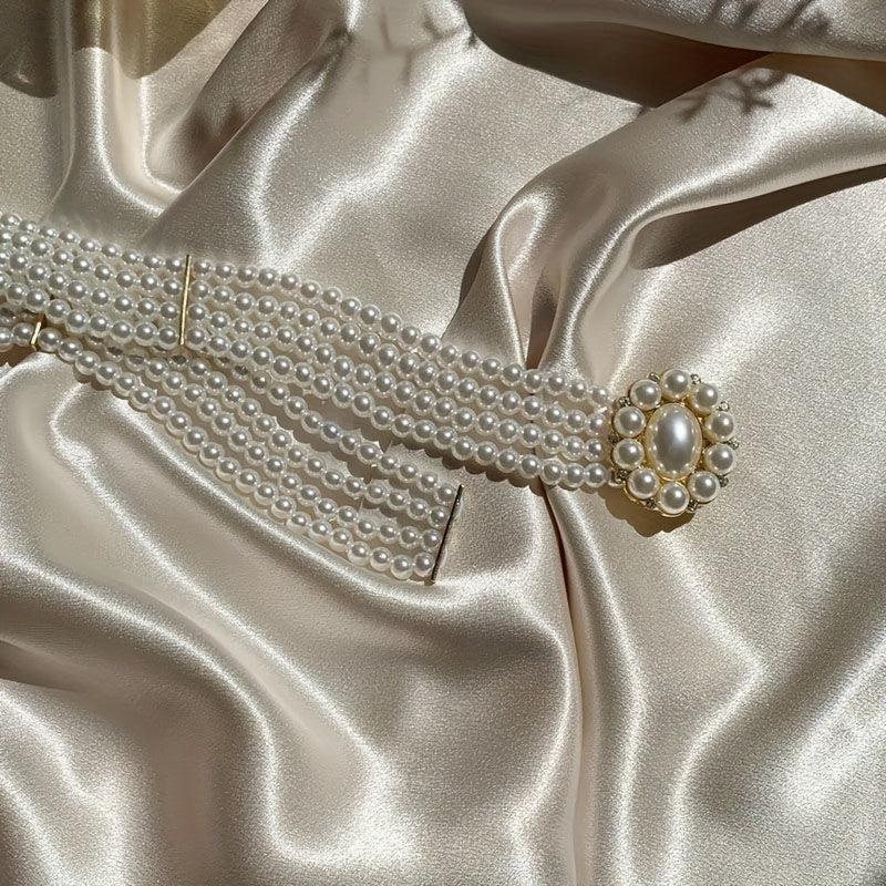 Wide Belt Pearl Flower Buckle Elastic Chain Belts For Women Dress
