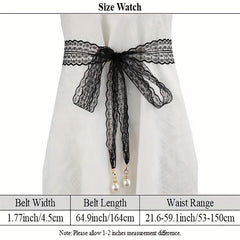 Faux Pearl Pendant Lace Girdle Sash Belt Bow Knotted Waistband Dress Girdle