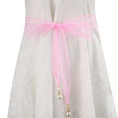 Faux Pearl Pendant Lace Girdle Sash Belt Bow Knotted Waistband Dress Girdle