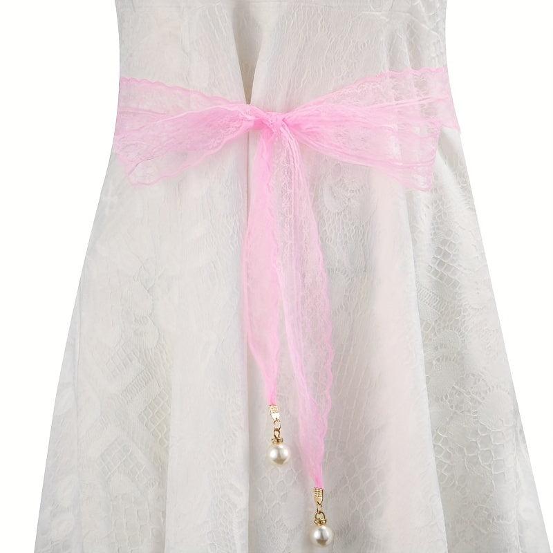 Faux Pearl Pendant Lace Girdle Sash Belt Bow Knotted Waistband Dress Girdle