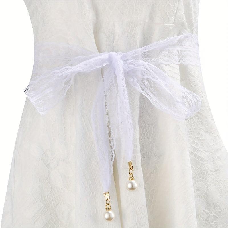 Faux Pearl Pendant Lace Girdle Sash Belt Bow Knotted Waistband Dress Girdle