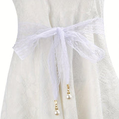 Faux Pearl Pendant Lace Girdle Sash Belt Bow Knotted Waistband Dress Girdle