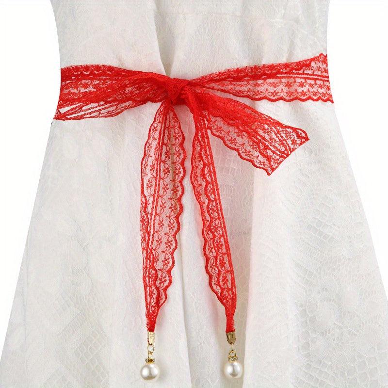 Faux Pearl Pendant Lace Girdle Sash Belt Bow Knotted Waistband Dress Girdle