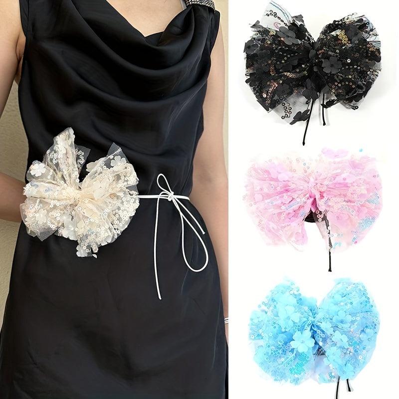Sequin Mesh Bowknot Sash Belt Lace Up Wax Rope Waist Belt