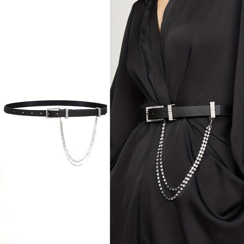 Rhinestone Chain Tassel PU Belt for Women