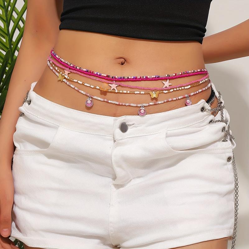 5pcs Pink Waist Chain Starfish Pendant Beach Body Jewelry