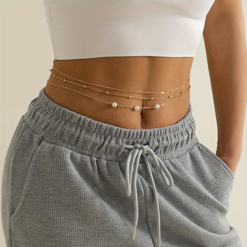 Metal Waist Chain Faux Pearl Decor Belly Chain Summer Beach Girdle