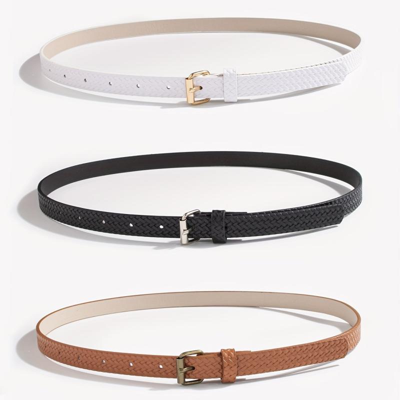3pcs Braided Pattern PU Belt Solid Square Pin Buckle Belt Embossed Girdle