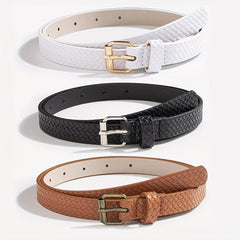 3pcs Braided Pattern PU Belt Solid Square Pin Buckle Belt Embossed Girdle