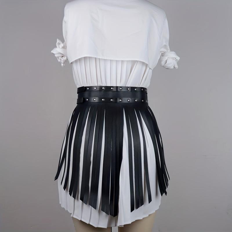 PU Leather Tassel Skirt Waistband Punk Adjustable Waist Belt