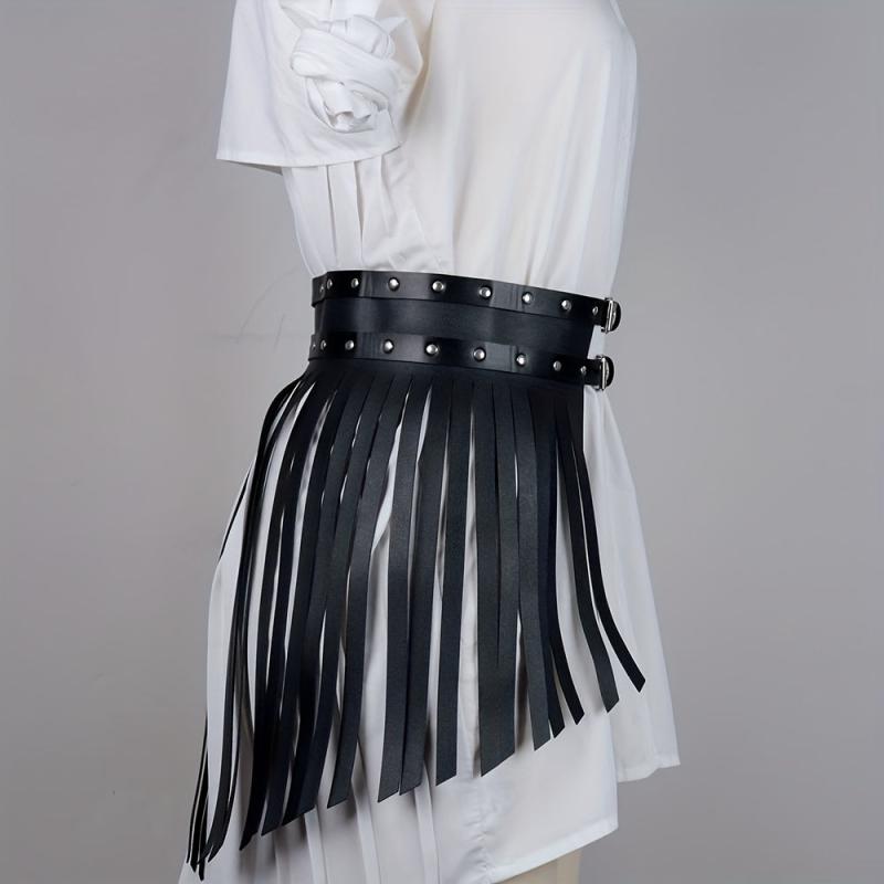 PU Leather Tassel Skirt Waistband Punk Adjustable Waist Belt