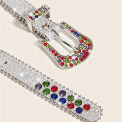 Rhinestone Inlaid PU Belt Sparkly Beads Decor Thin Sequin Belt