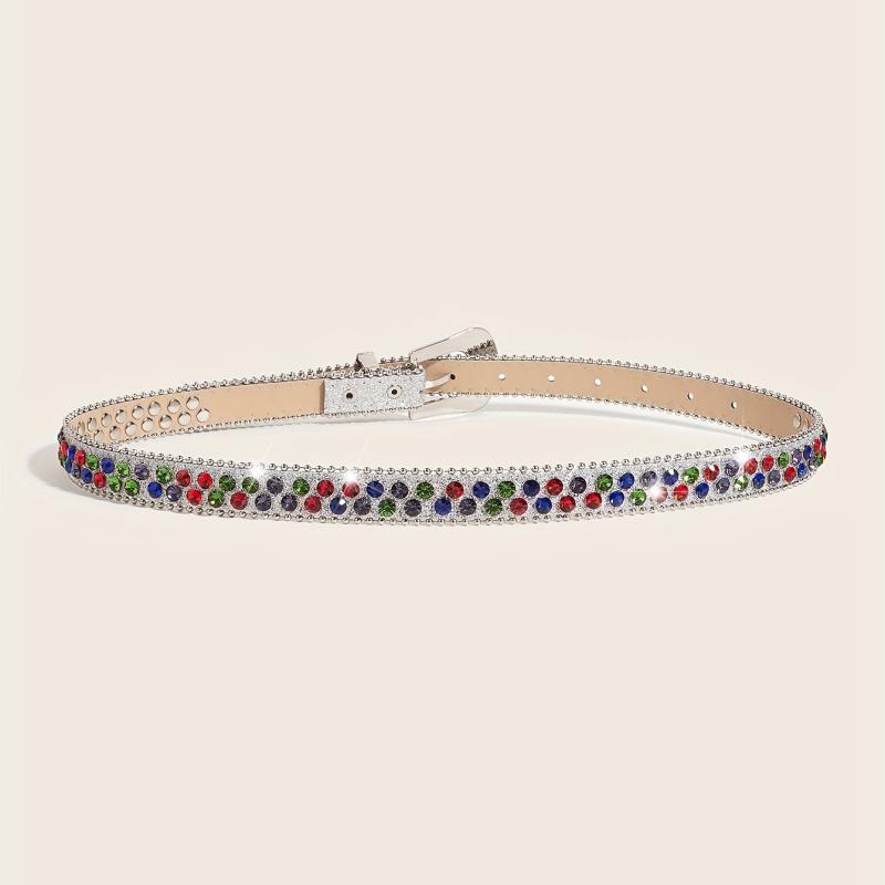 Rhinestone Inlaid PU Belt Sparkly Beads Decor Thin Sequin Belt