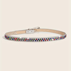 Rhinestone Inlaid PU Belt Sparkly Beads Decor Thin Sequin Belt