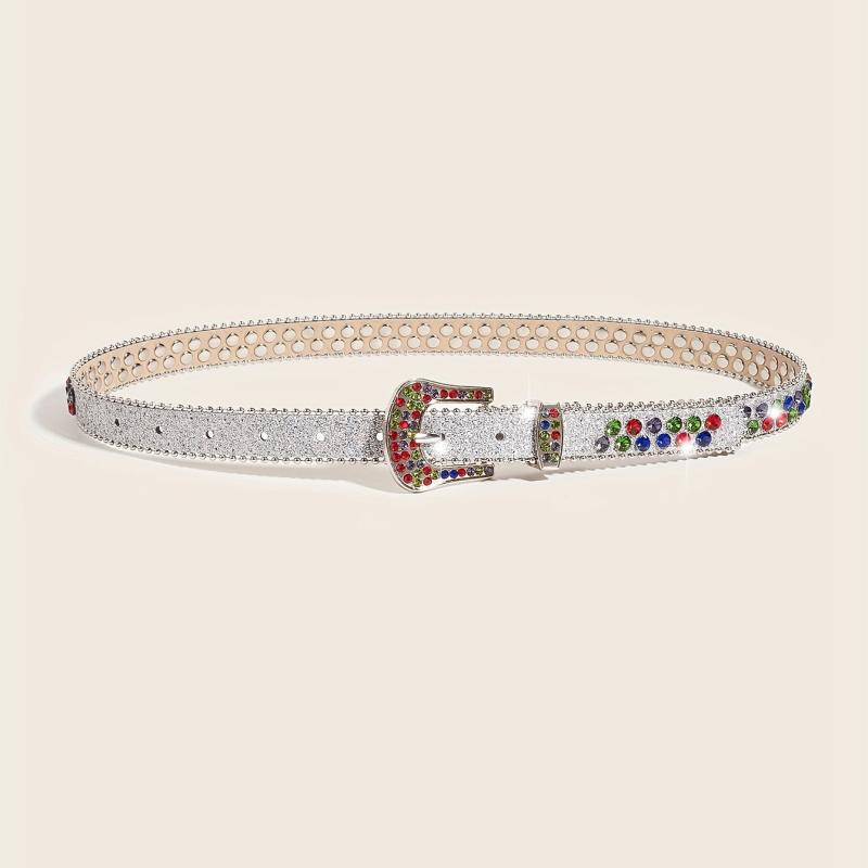 Rhinestone Inlaid PU Belt Sparkly Beads Decor Thin Sequin Belt