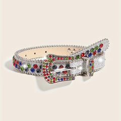 Rhinestone Inlaid PU Belt Sparkly Beads Decor Thin Sequin Belt