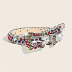 Rhinestone Inlaid PU Belt Sparkly Beads Decor Thin Sequin Belt