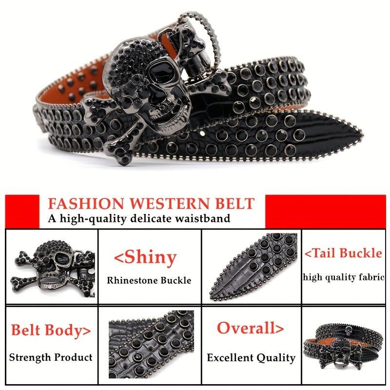 Rhinestone Skull Buckle PU Belt Y2K Sparkling Waistband Punk Jeans Belt