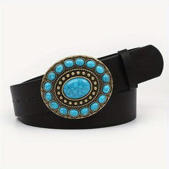 Boho Oval Buckle Belt Faux Jade Western Cowboy Wide Belts