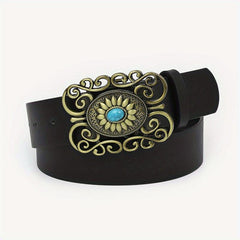 Boho Oval Buckle Belt Faux Jade Western Cowboy Wide Belts