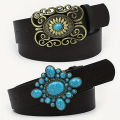 Boho Oval Buckle Belt Faux Jade Western Cowboy Wide Belts