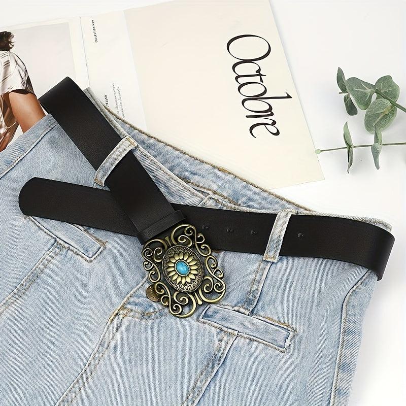 Boho Oval Buckle Belt Faux Jade Western Cowboy Wide Belts