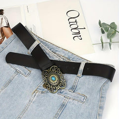 Boho Oval Buckle Belt Faux Jade Western Cowboy Wide Belts