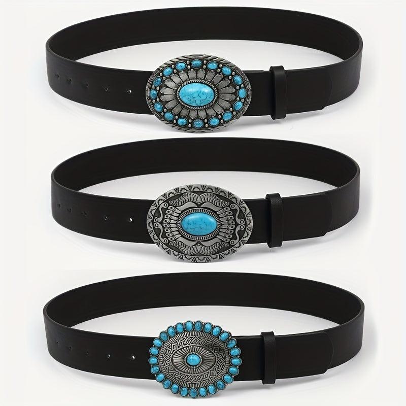 Boho Oval Buckle Belt Faux Jade Western Cowboy Wide Belts