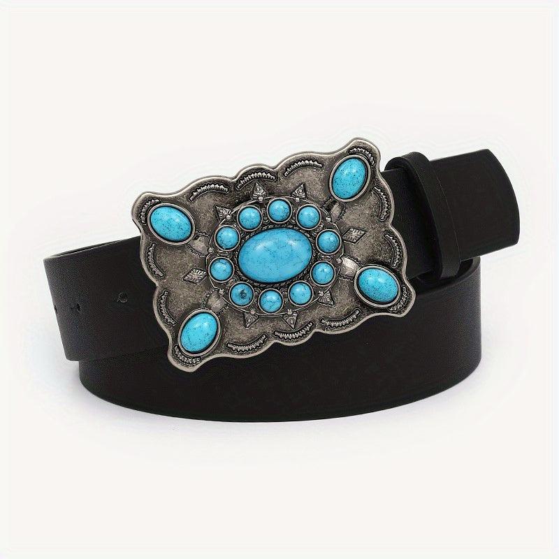 Boho Oval Buckle Belt Faux Jade Western Cowboy Wide Belts