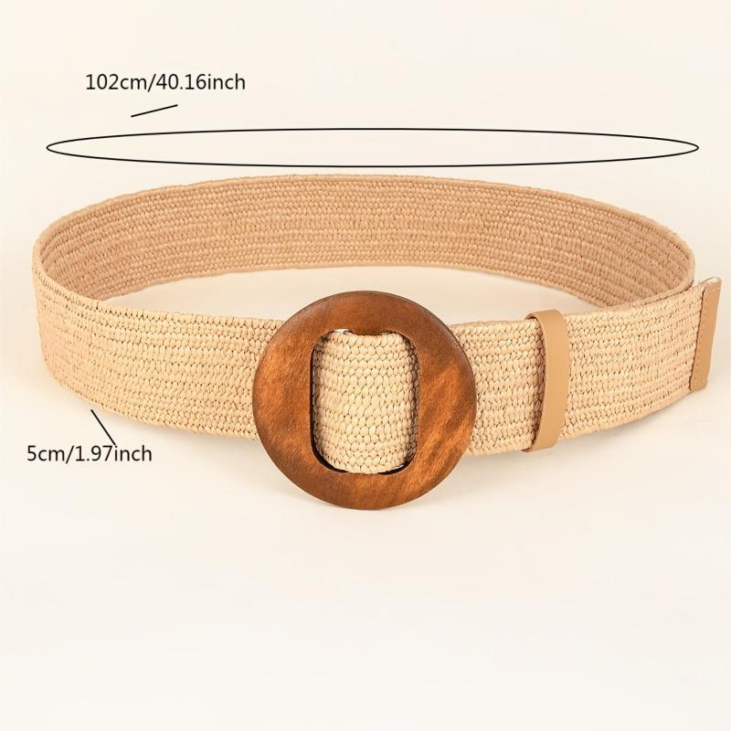 Women Woven Elastic Casual Solid Belt Stretch Belt With Wooden Buckle