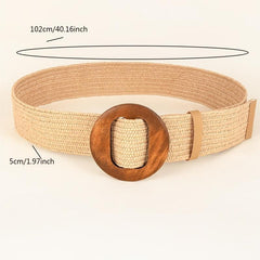 Women Woven Elastic Casual Solid Belt Stretch Belt With Wooden Buckle