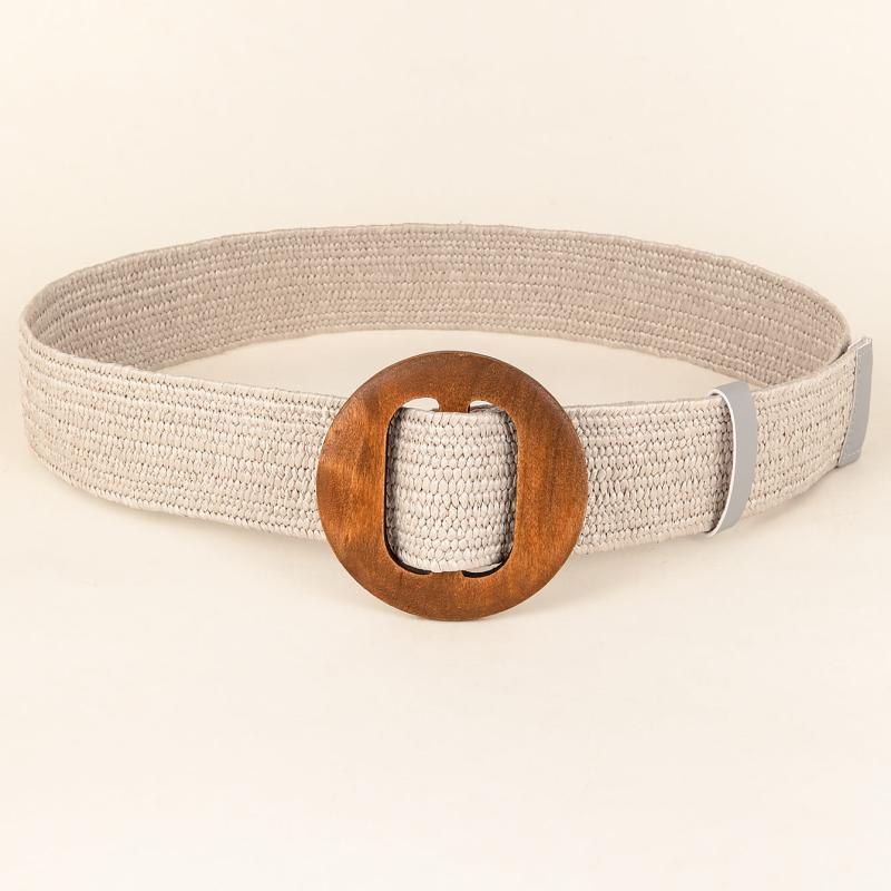 Women Woven Elastic Casual Solid Belt Stretch Belt With Wooden Buckle