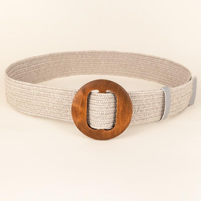 Women Woven Elastic Casual Solid Belt Stretch Belt With Wooden Buckle