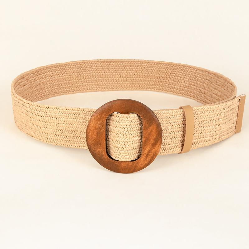 Women Woven Elastic Casual Solid Belt Stretch Belt With Wooden Buckle
