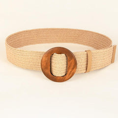 Women Woven Elastic Casual Solid Belt Stretch Belt With Wooden Buckle