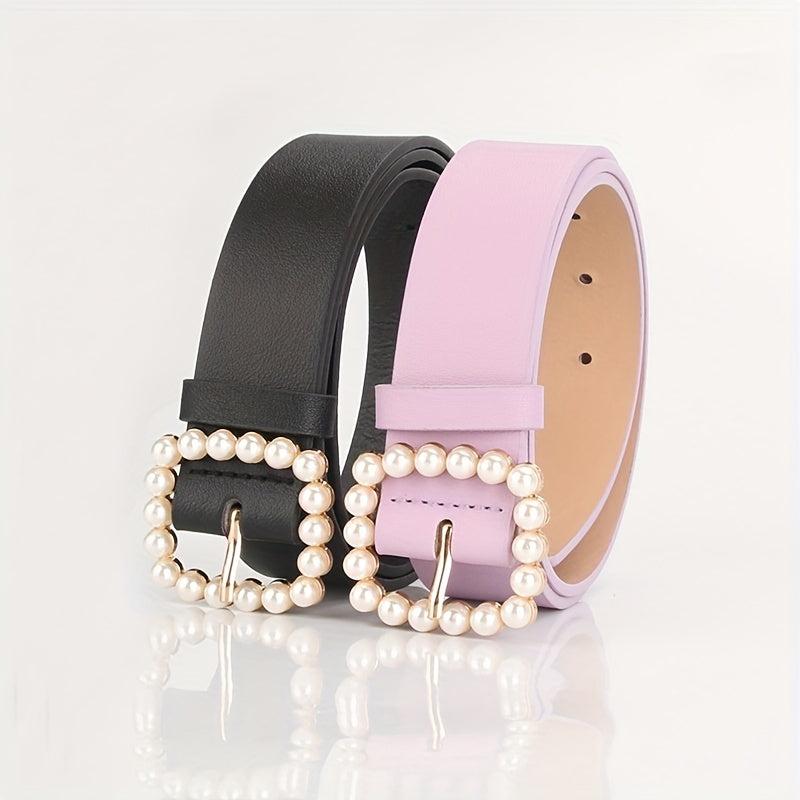 Candy PU Leather Belt with Faux Pearl Decor