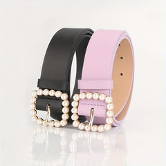 Candy PU Leather Belt with Faux Pearl Decor