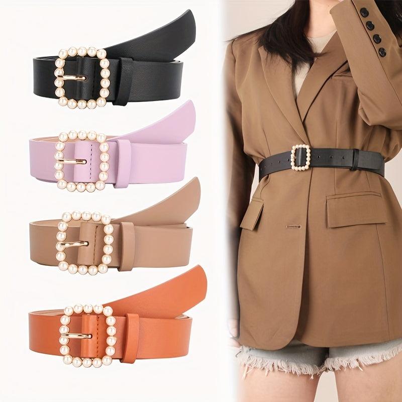 Candy PU Leather Belt with Faux Pearl Decor
